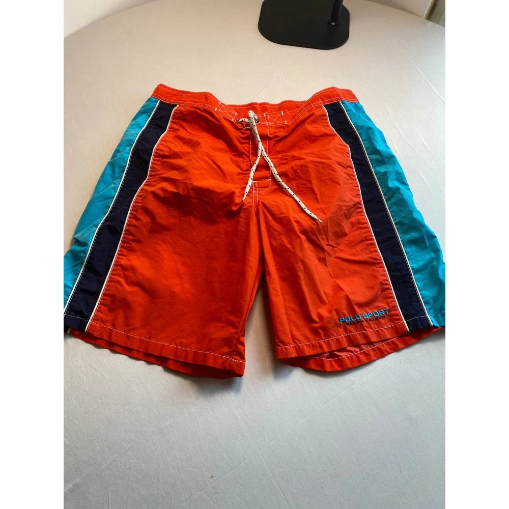 Polo Sport Ralph Lauren Orange Blue Striped Board Shorts Mens 32 Vintage Trunks